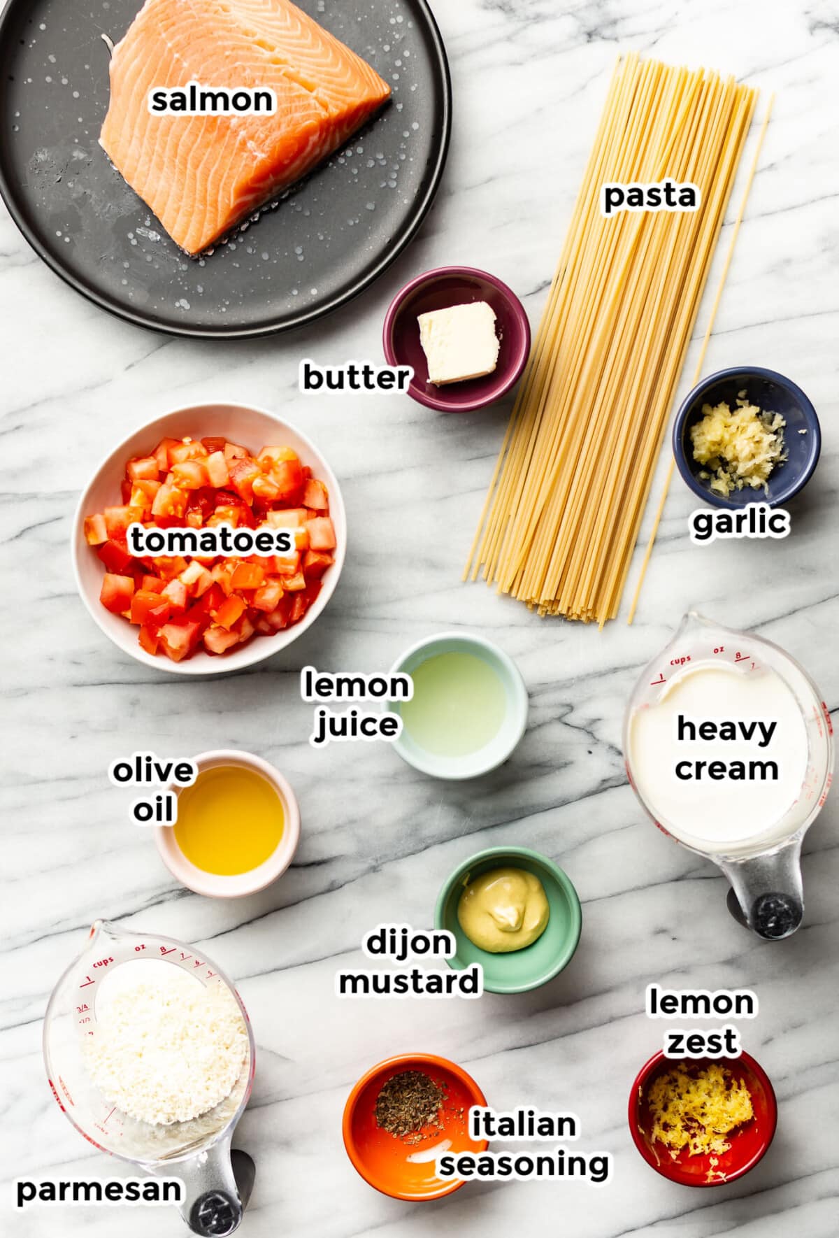 ingredients for creamy tomato salmon pasta