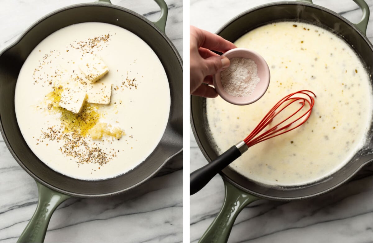 making creamy lemon sauce for pasta in a skillet and whisking in flour