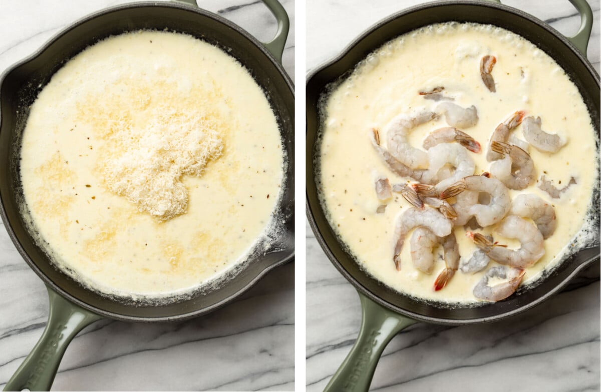 adding parmesan to a skillet with pasta sauce and cooking shrimp