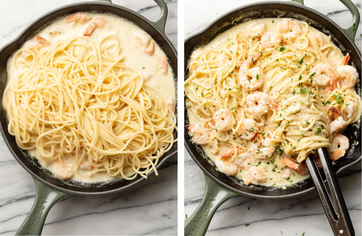 tossing spaghetti and shrimp with creamy lemon sauce in a skillet with cooking tongs