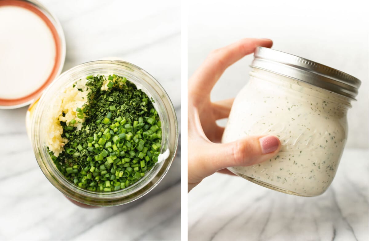 adding ingredients for ranch dressing to a mason jar and then shaking it up