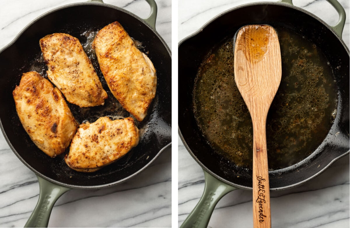 pan frying chicken in a skillet and making lemon sauce