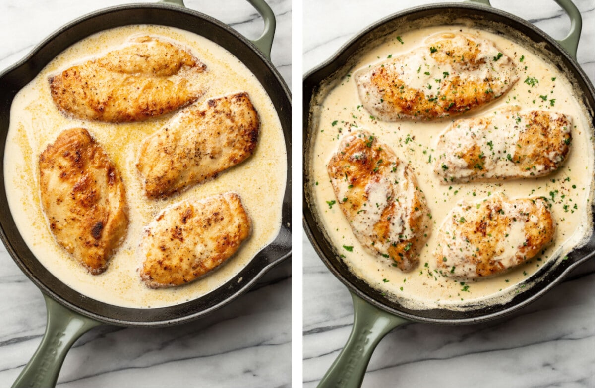 creamy lemon chicken in a skillet before and after cooking