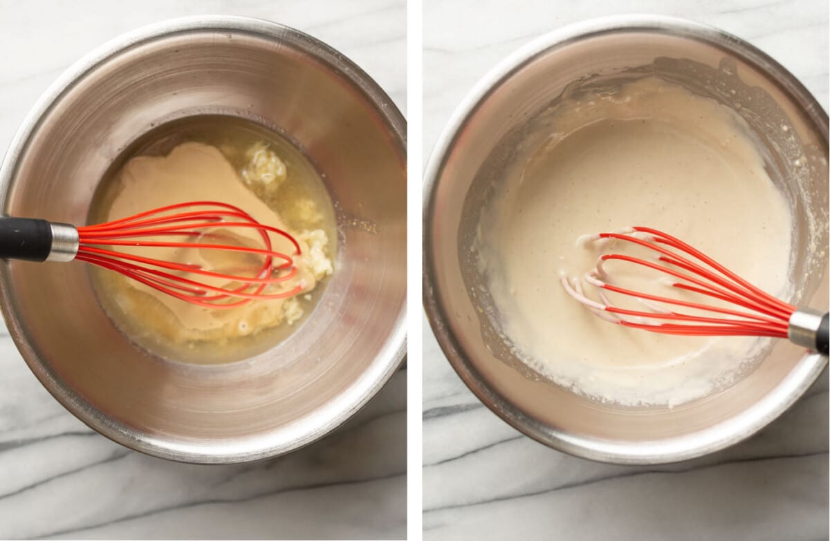 whisking ingredients for tahini dressing in a prep bowl