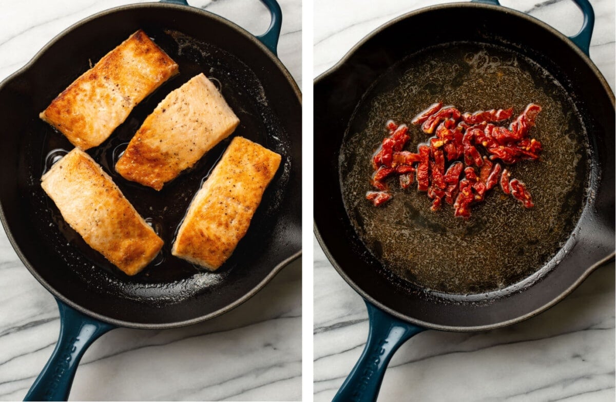 pan searing salmon in a skillet and making creamy tuscan sauce