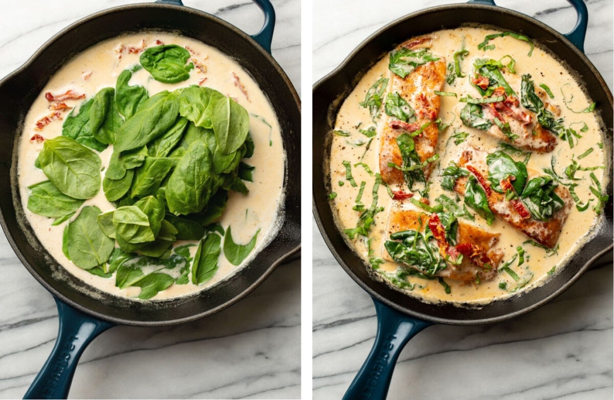 adding spinach to a skillet with creamy tuscan salmon