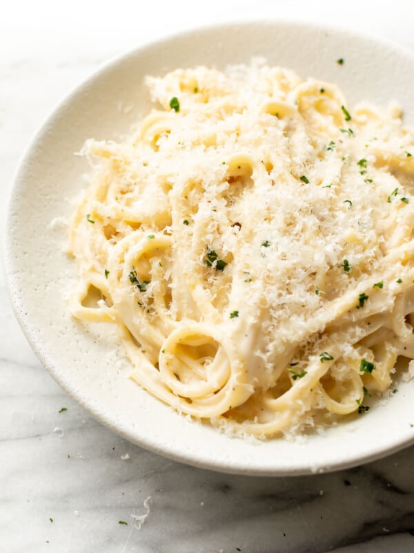 a bowl of creamy garlic pasta