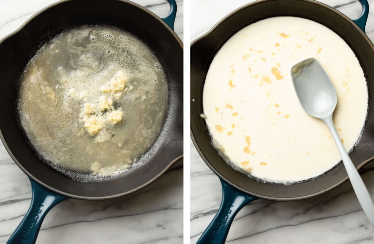 making a roux in a skillet and stirring in ingredients for creamy garlic sauce