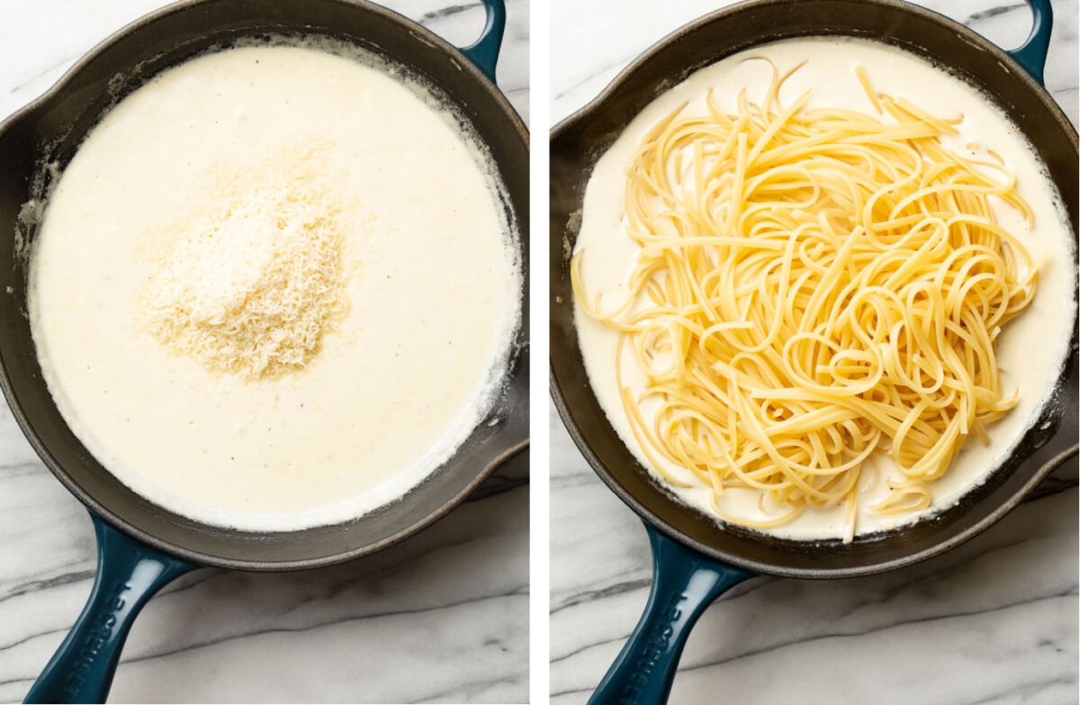 adding parmesan to a skillet and tossing pasta with creamy garlic sauce