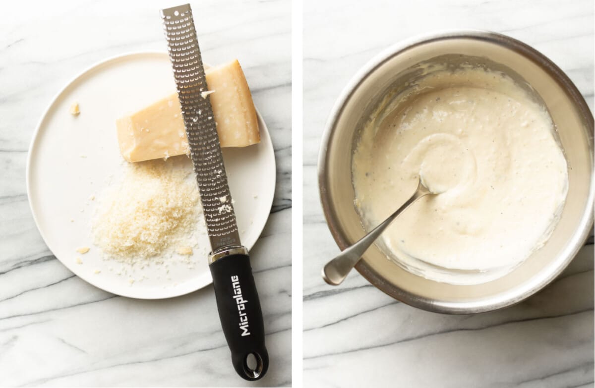 grating parmesan and making caesar dressing in a prep bowl