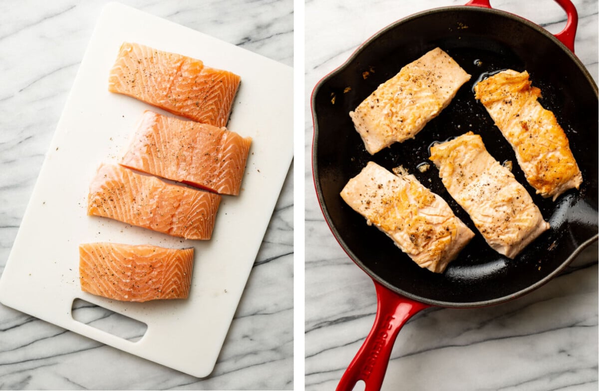 a salmon filet on a cutting board and pan searing it in a skillet