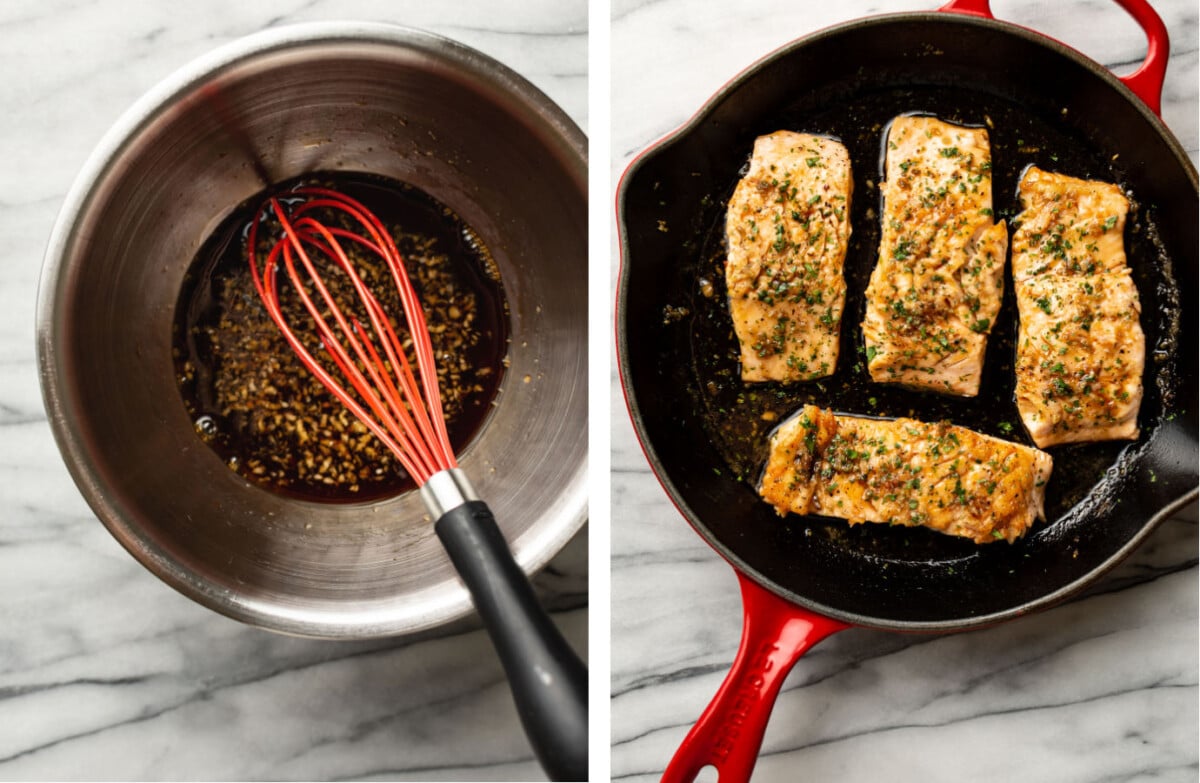 whisking honey garlic sauce in a prep bowl and adding it to a skillet with salmon