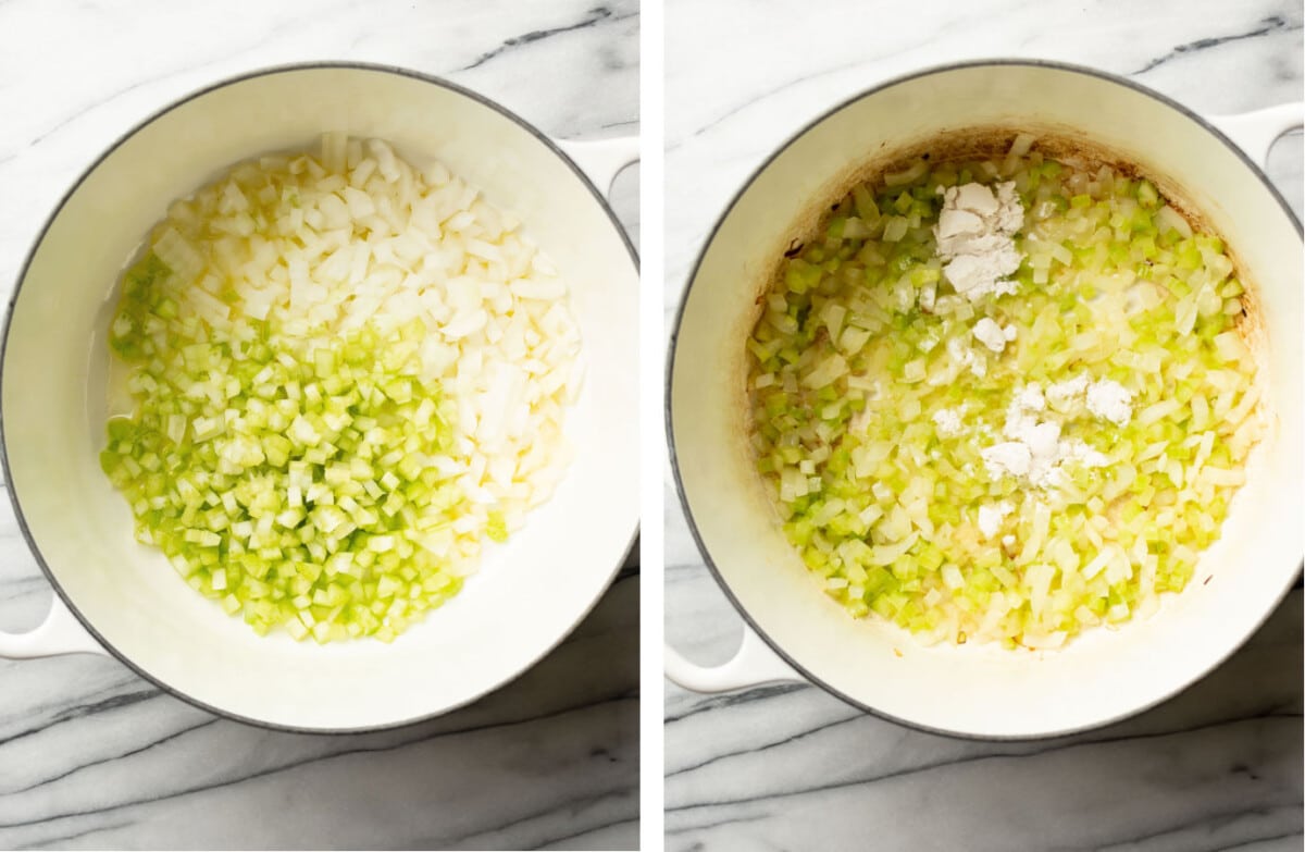 sauteing onion and celery in a soup pot and adding flour and garlic