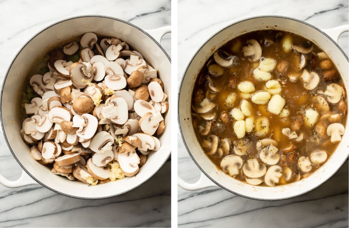 sauteing mushrooms in a soup pot and simmering with broth and gnocchi