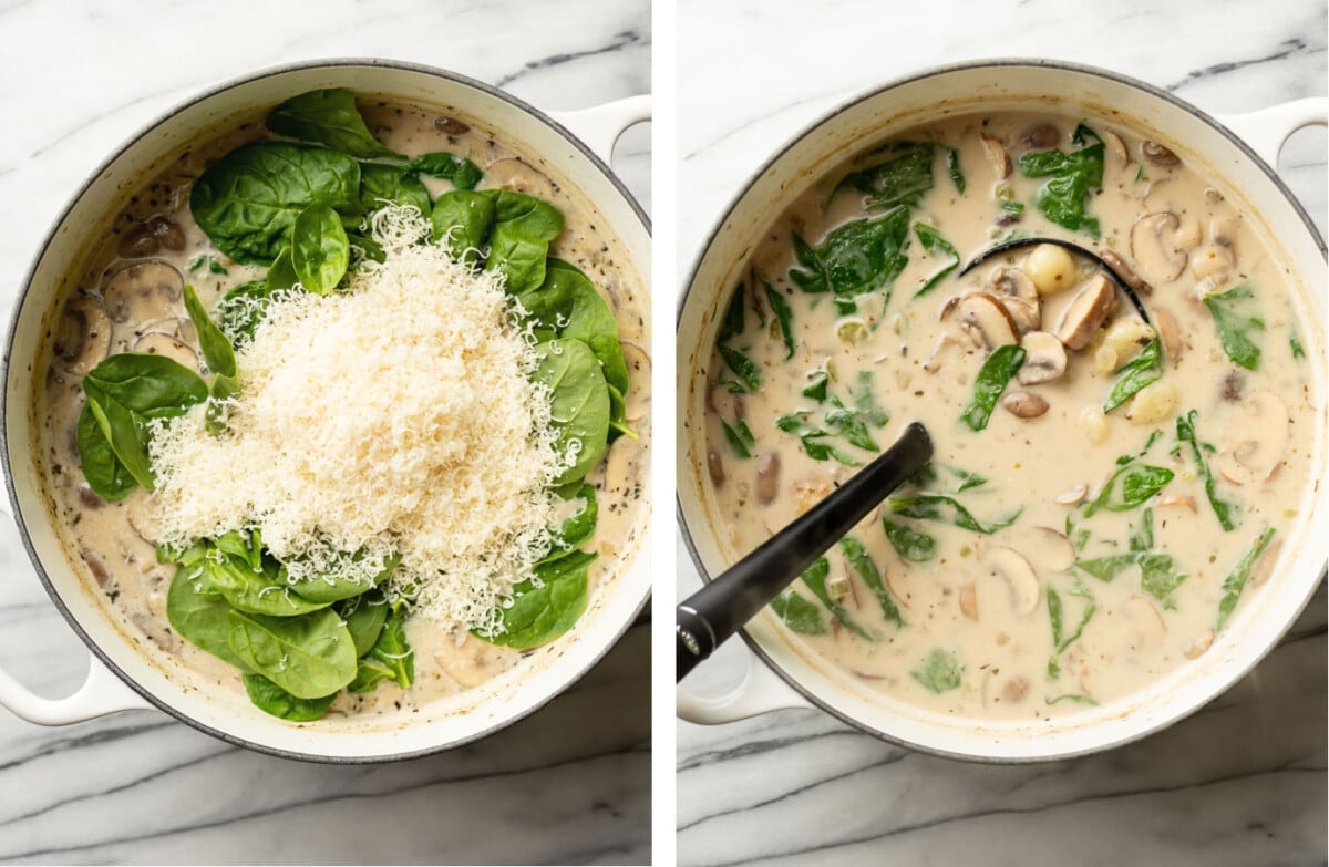 stirring in parmesan and spinach to a pot with mushroom gnocchi soup and serving with a ladle