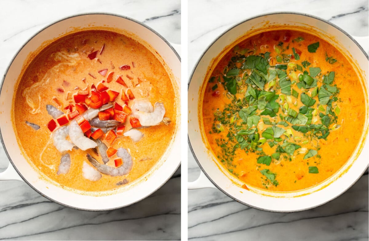 adding shrimp, coconut milk, and fresh herbs to a pot of thai shrimp curry