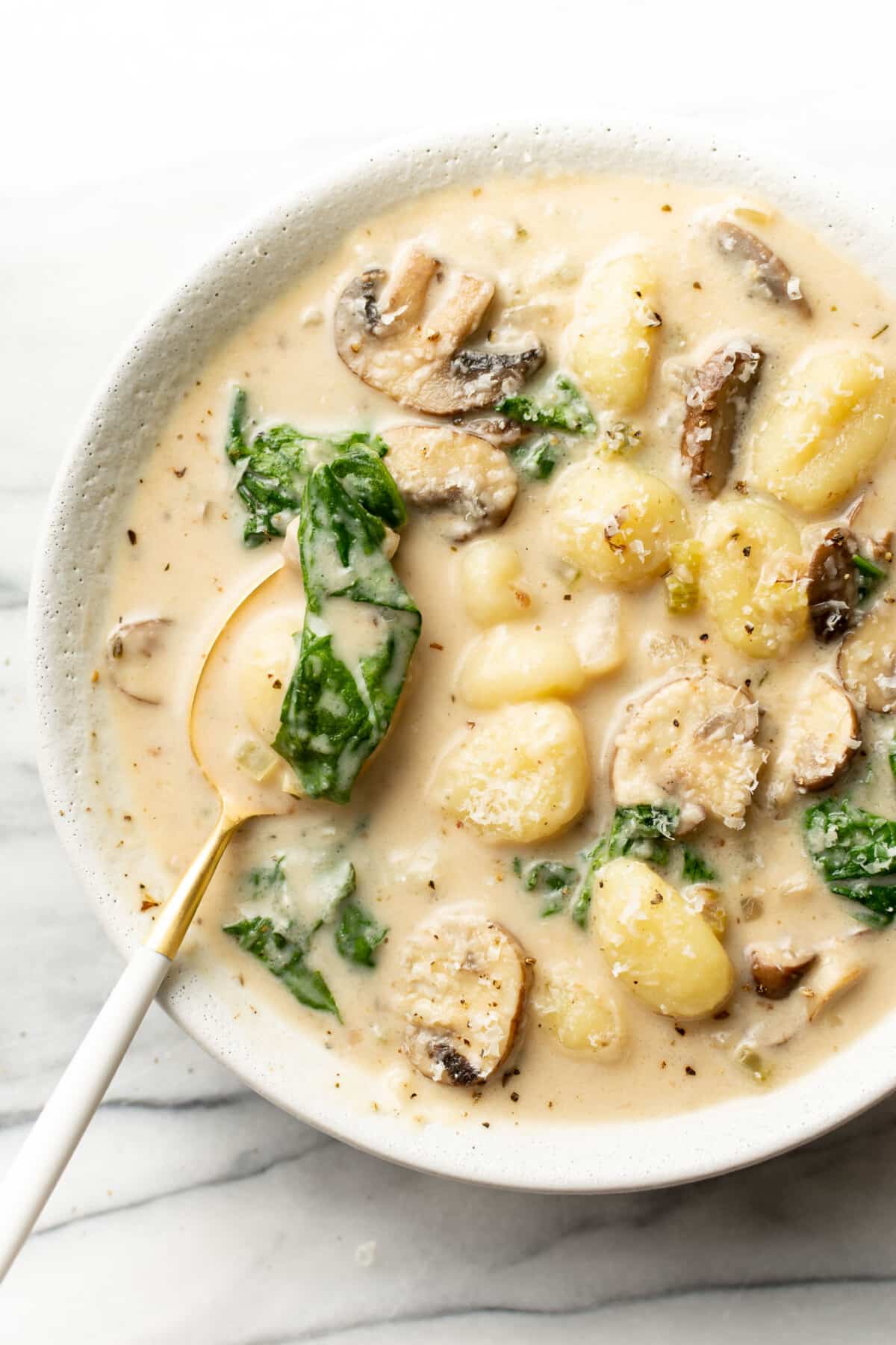 a bowl of mushroom and spinach gnocchi soup with a spoon