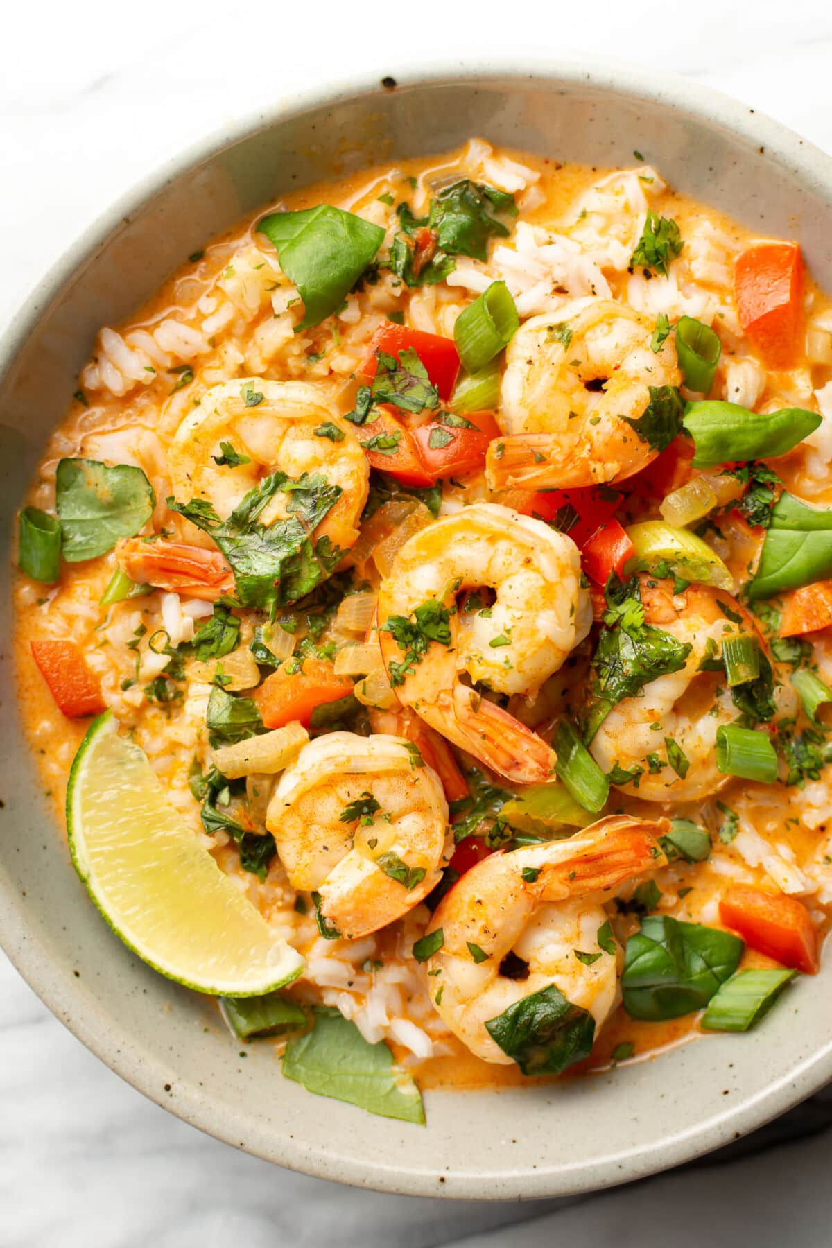 a bowl of thai shrimp curry over rice with a lime wedge