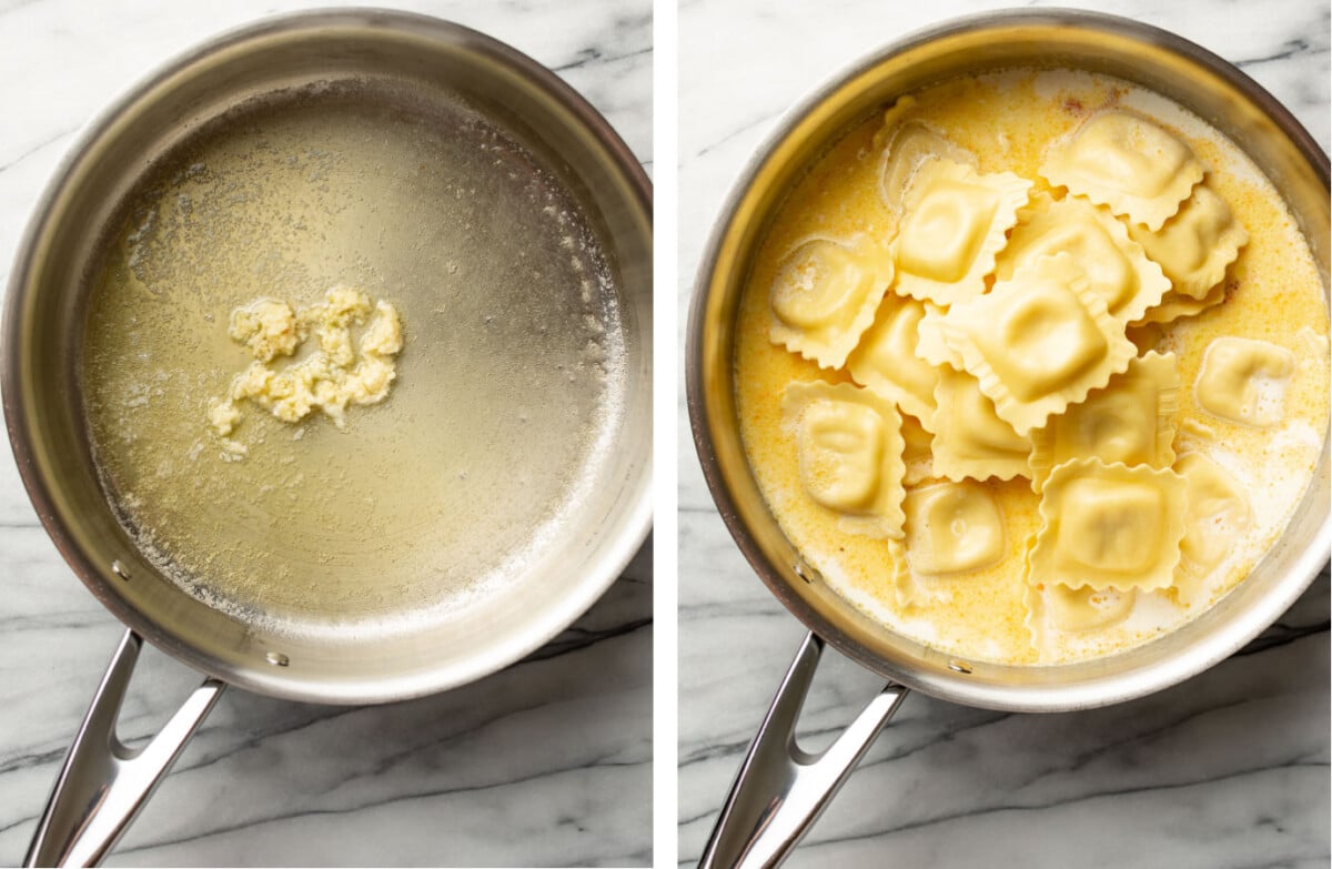 frying garlic in a skillet and adding in ravioli and tuscan sauce ingredients