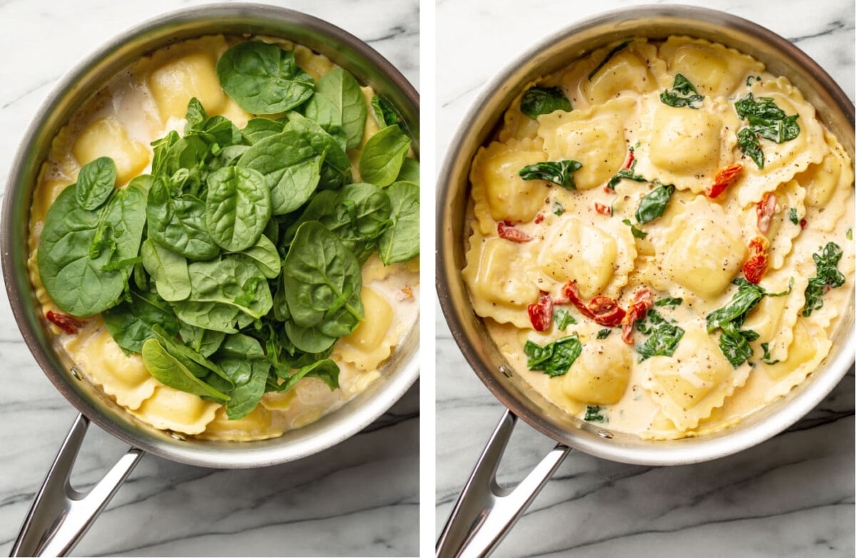 stirring in spinach to a skillet with creamy tuscan ravioli