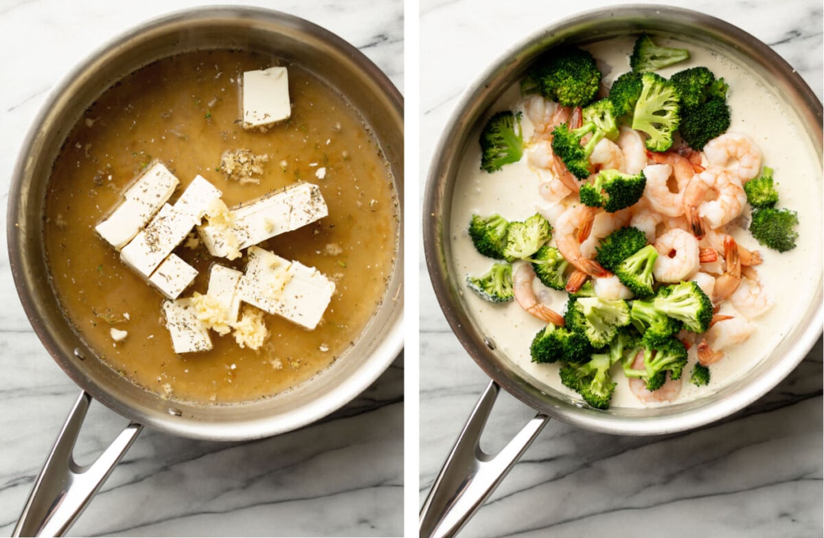 making cream cheese sauce in a skillet and adding in shrimp and broccoli