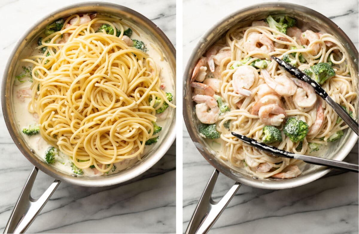 tossing spaghetti with kitchen tongs in a skillet with shrimp and broccoli and cream sauce