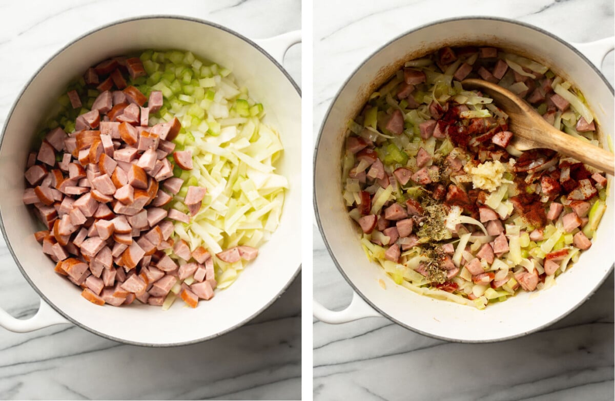 sauteing kielbasa and cabbage and aromatics in a soup pot and stirring in seasoning