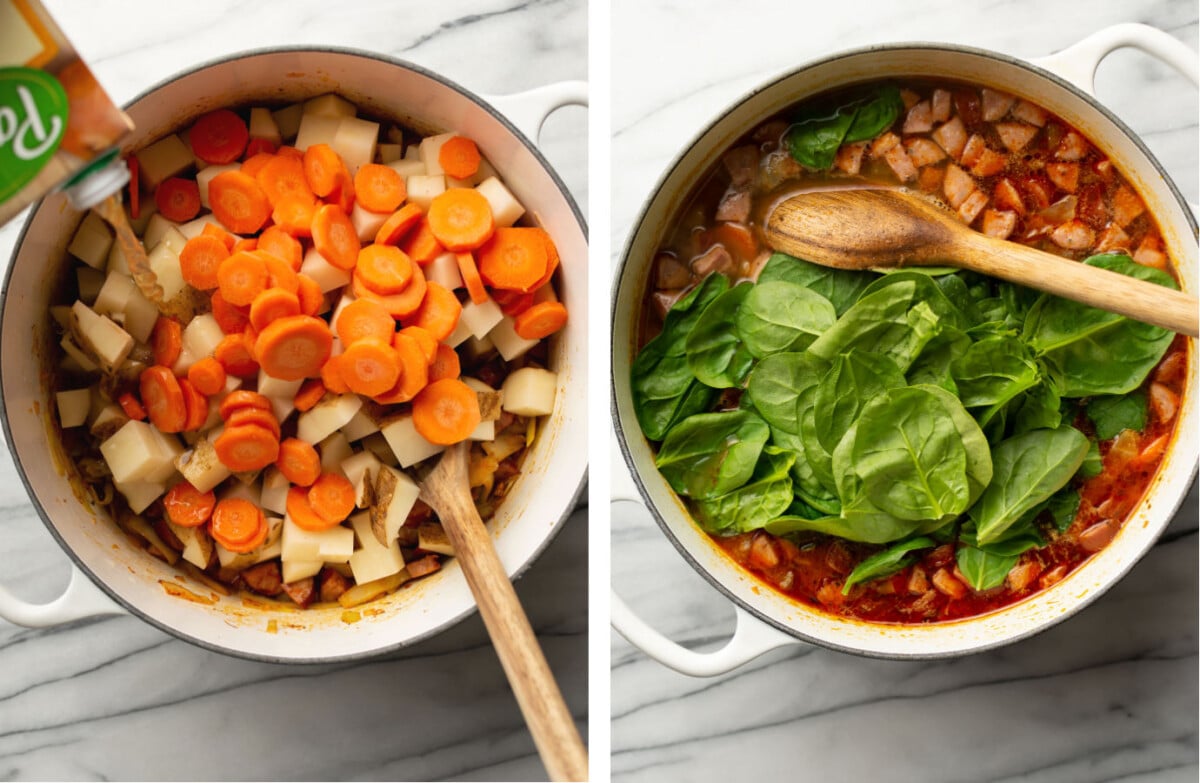 pouring in broth and stirring in potatoes, carrots, and spinach to a pot of kielbasa soup