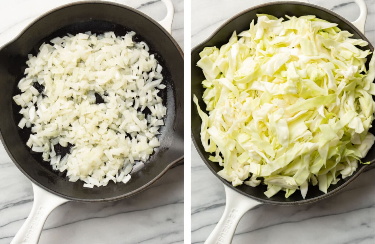 sauteing onions in a skillet and adding cabbage