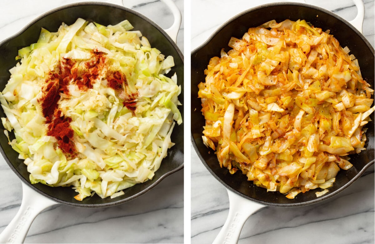 sauteed cabbage in a skillet before and after pan frying