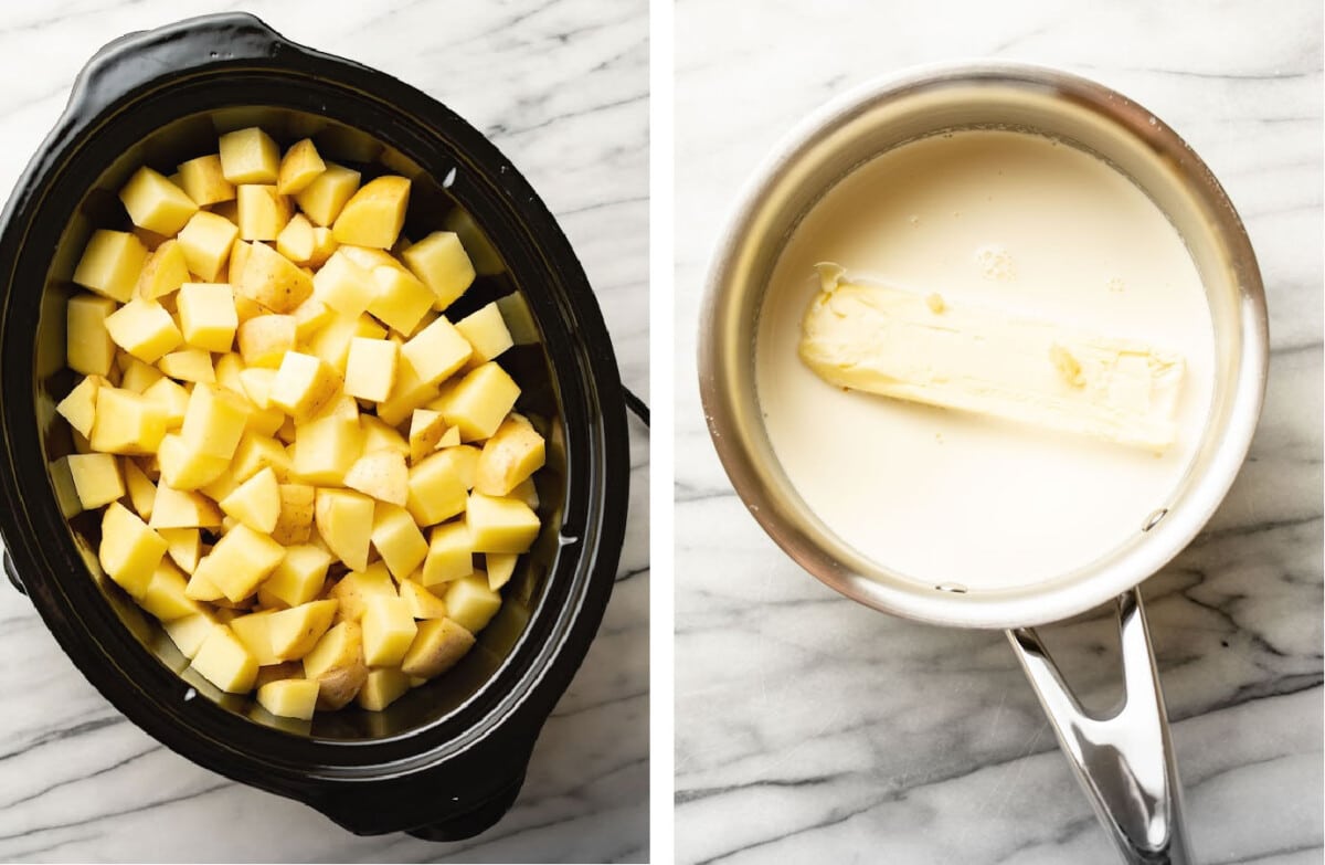 cooking potatoes in a Crockpot and making cream mixture in a saucepan