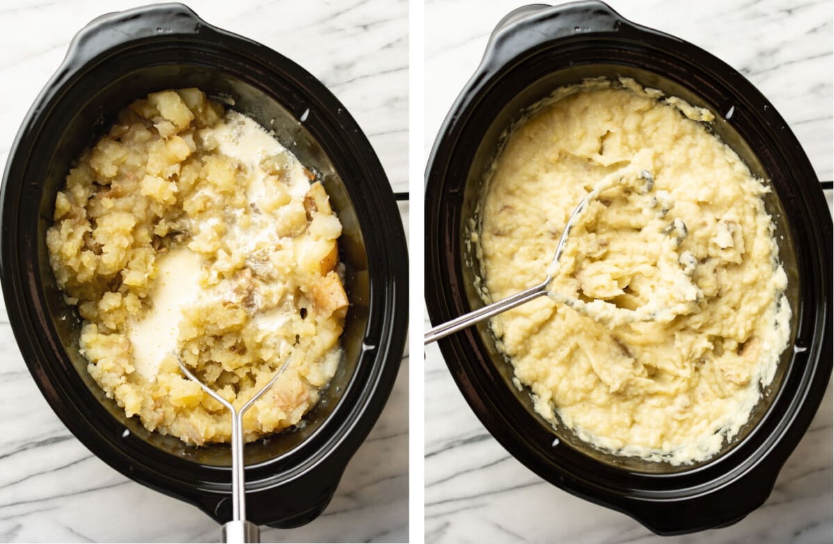 mashing potatoes in a slow cooker with a handheld masher