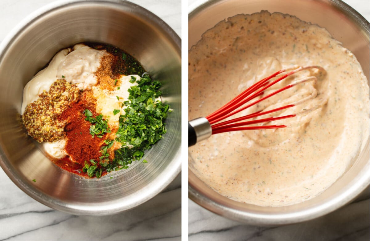 whisking ingredients for cajun remoulade sauce in a prep bowl