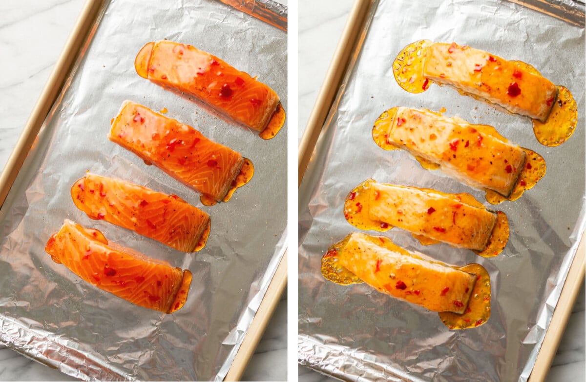 sweet chili salmon on a baking sheet before and after baking