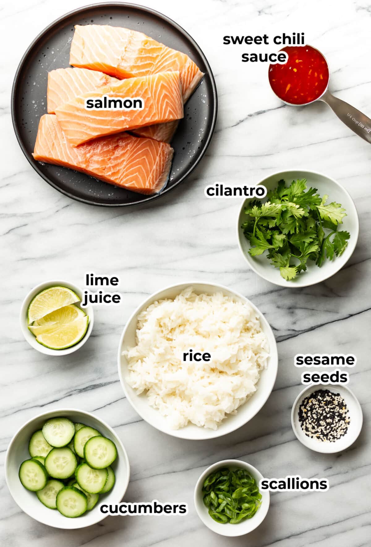 ingredients for sweet chili salmon in prep bowls