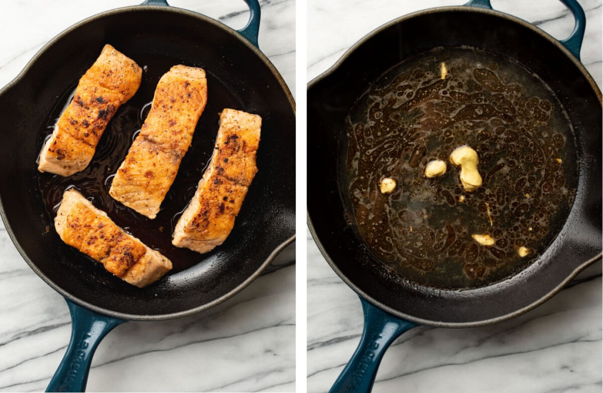 pan searing salmon in a skillet and making dill sauce