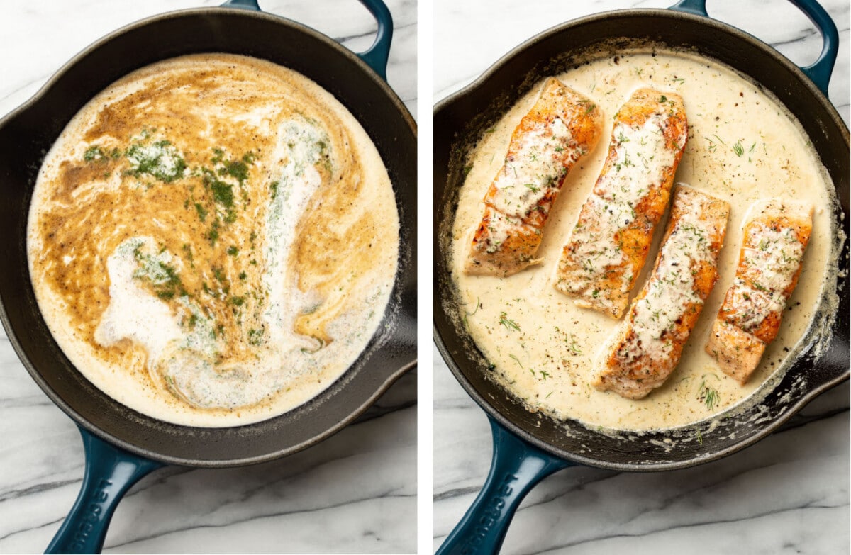 creamy dill sauce in a skillet before and after adding in salmon