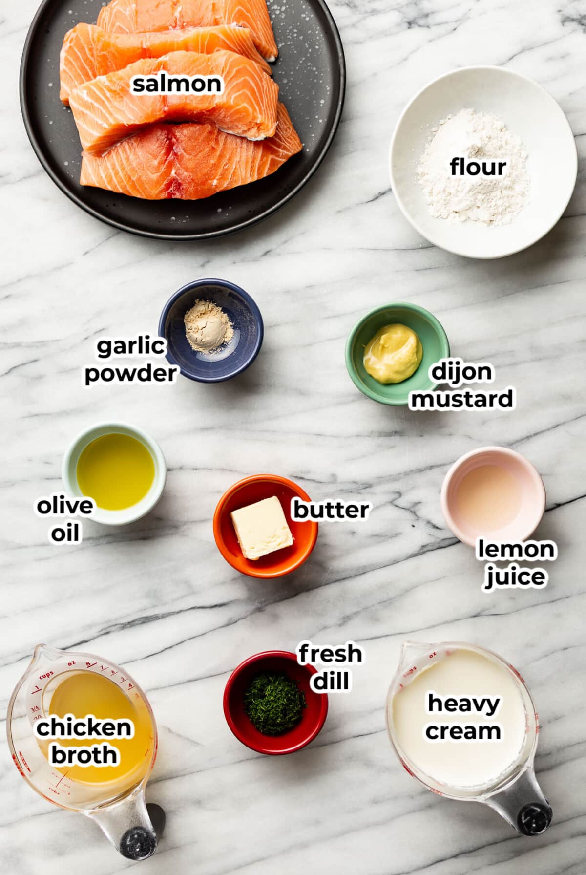 ingredients for salmon with dill sauce in prep bowls