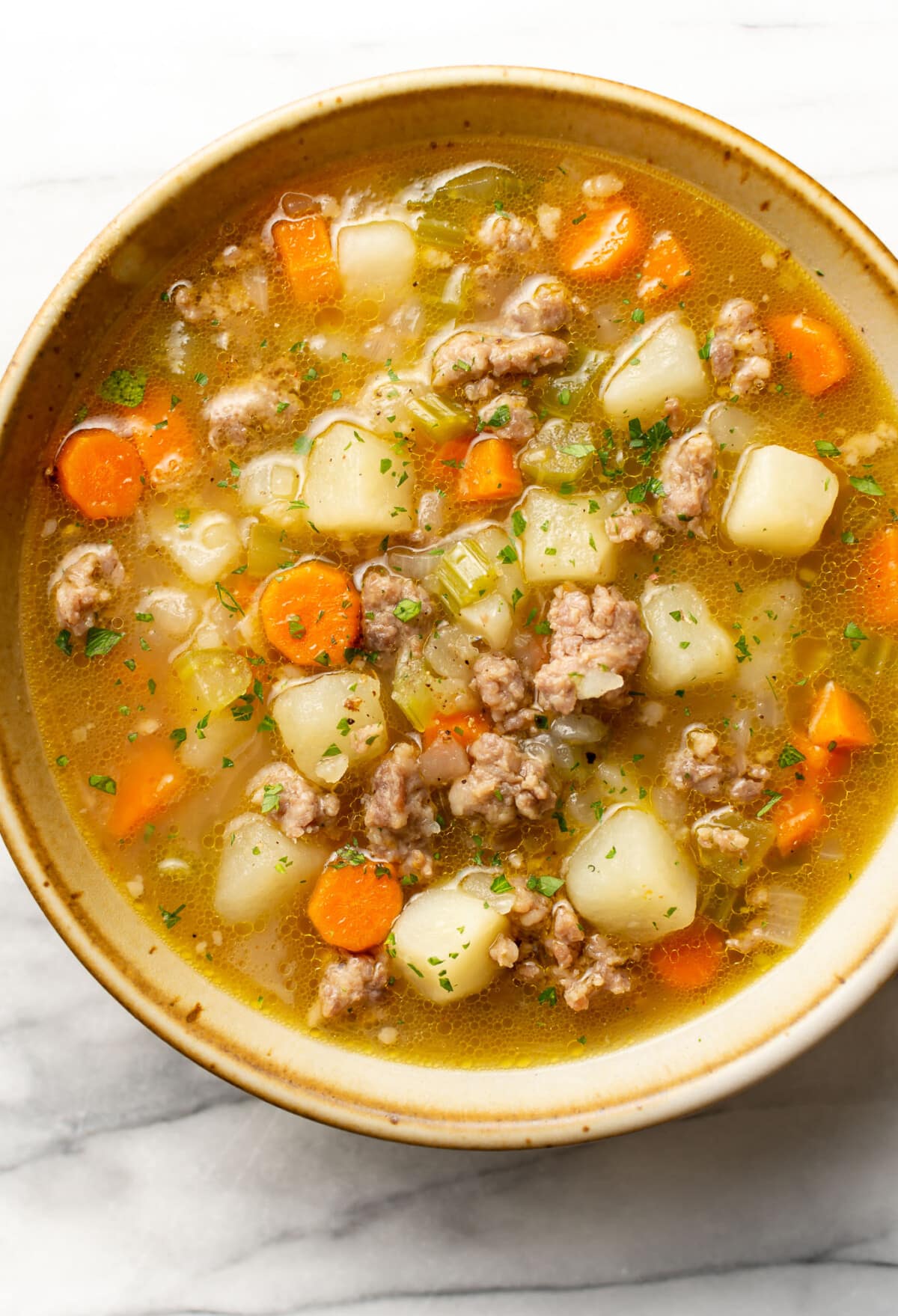 a bowl of bratwurst soup