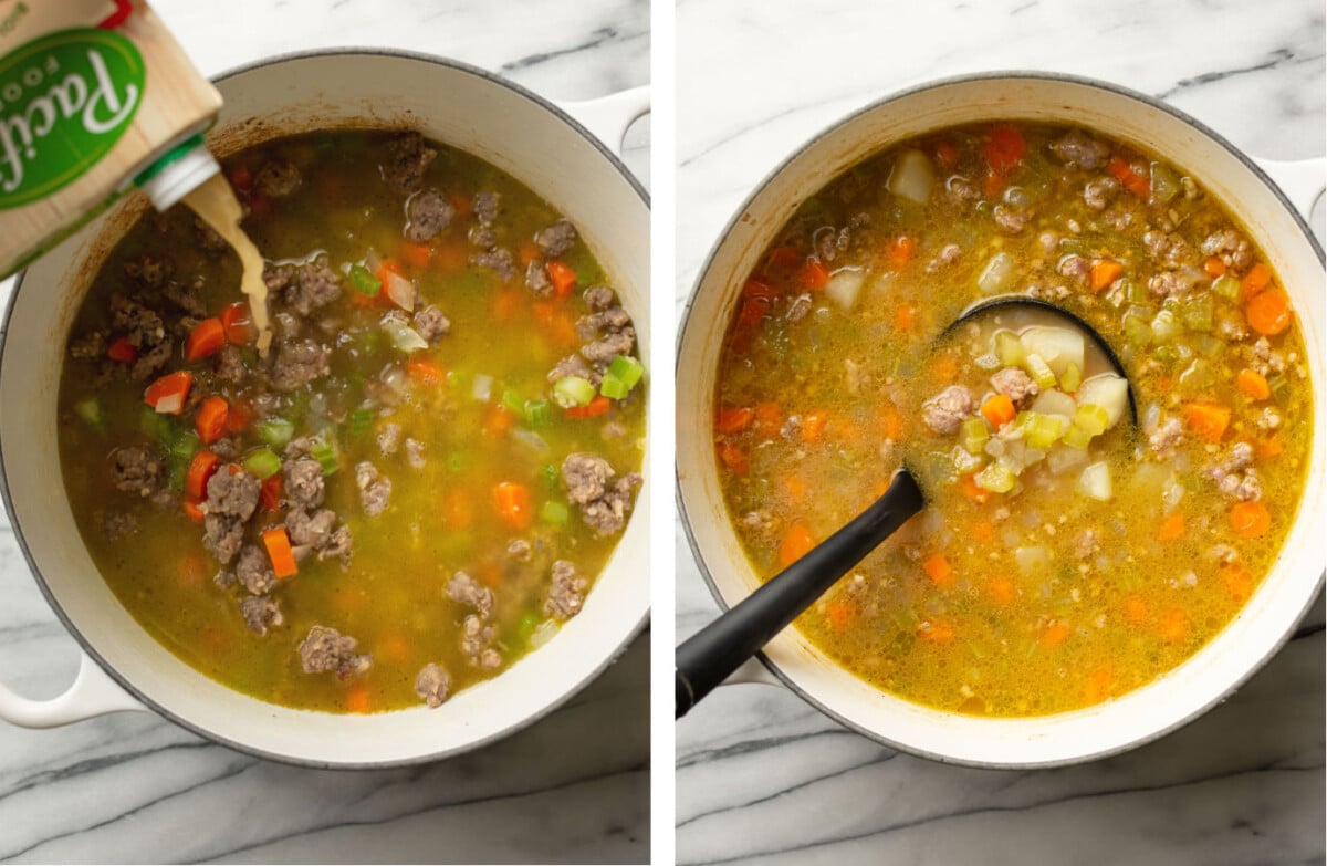 adding broth to a pot with bratwurst soup and serving it with a ladle