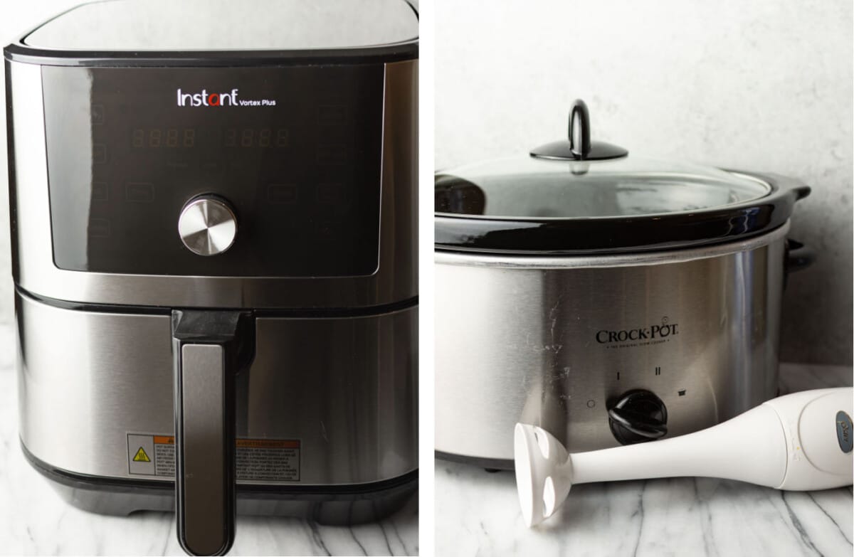 an instant pot, immersion blender, and crockpot on a countertop