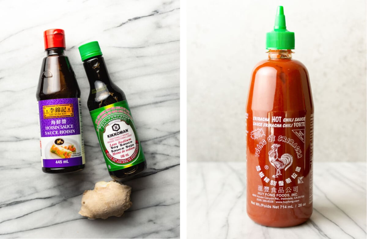 a collage with soy sauce, sriracha, ginger, and hoisin sauce