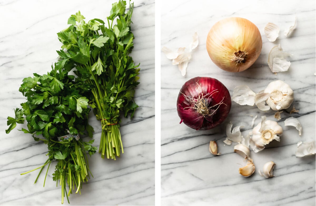 a collage with fresh herbs and aromatics on a counter