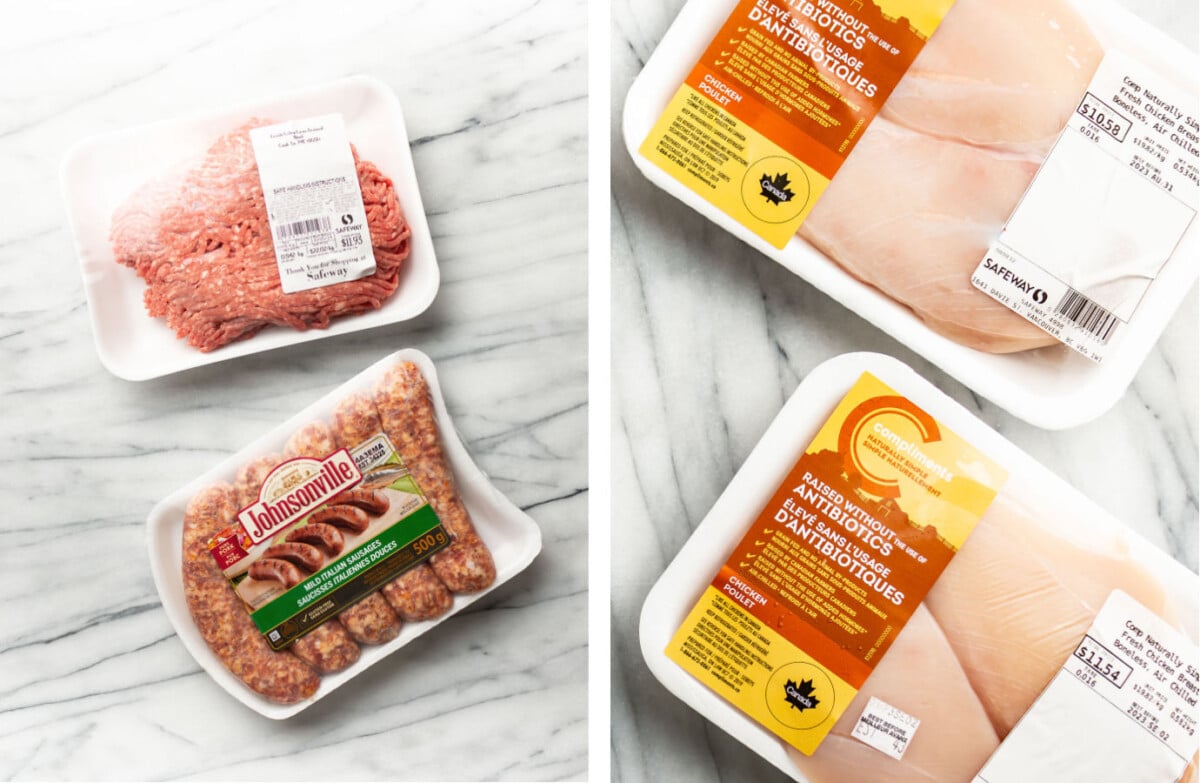 various kinds of meat in packaging on a kitchen counter