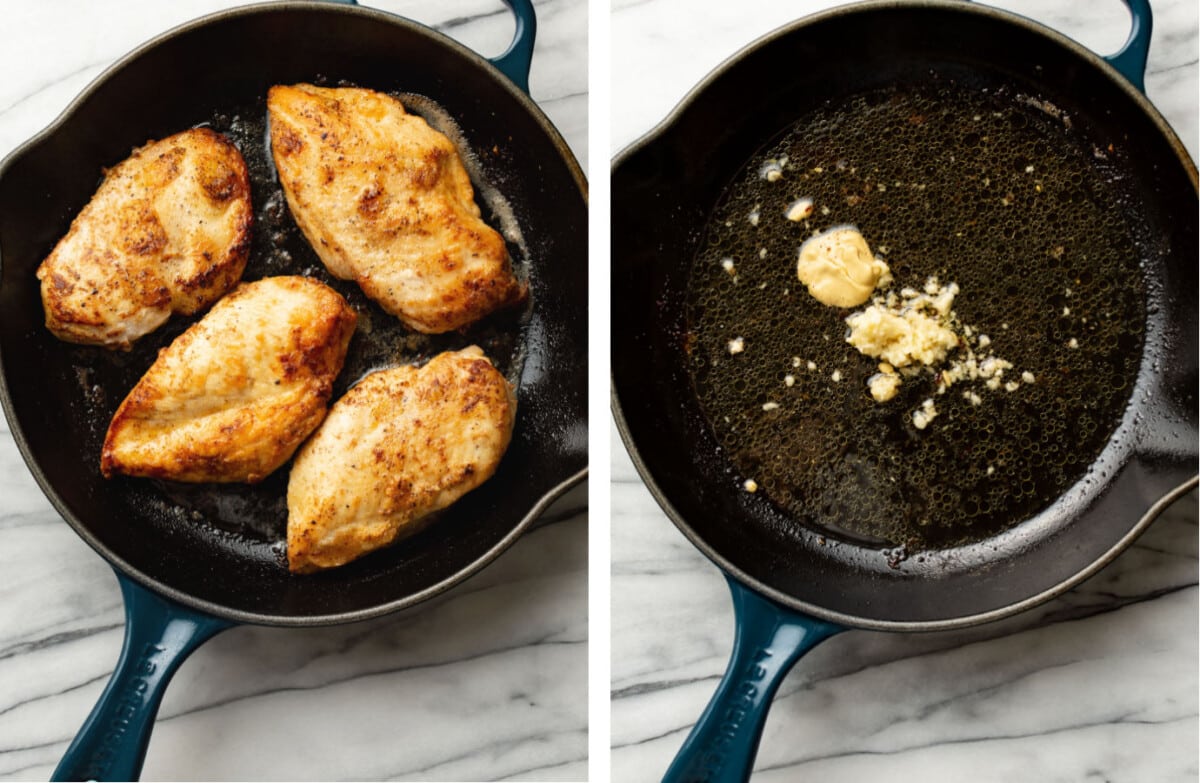 pan frying chicken in a skillet and sauteing garlic, chicken broth, and dijon mustard