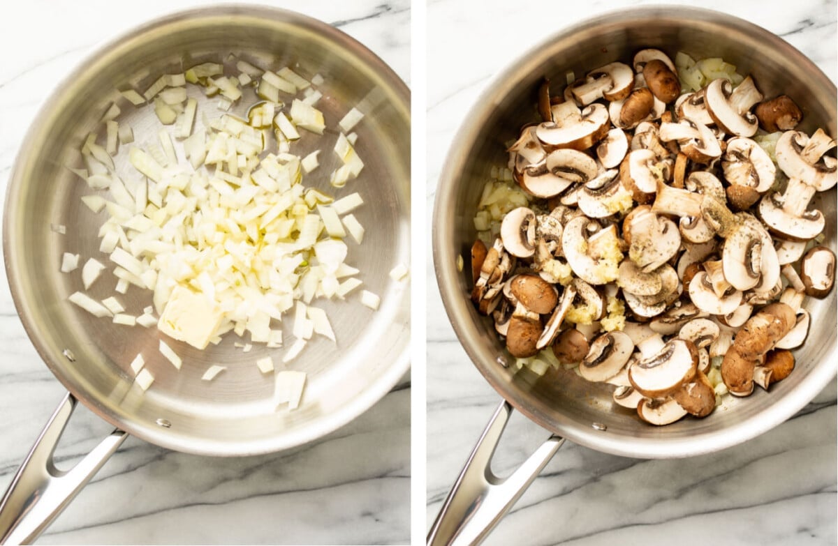 sauteing onions and mushrooms in a pan