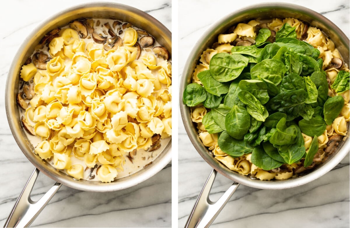 adding tortellini and spinach to a pan