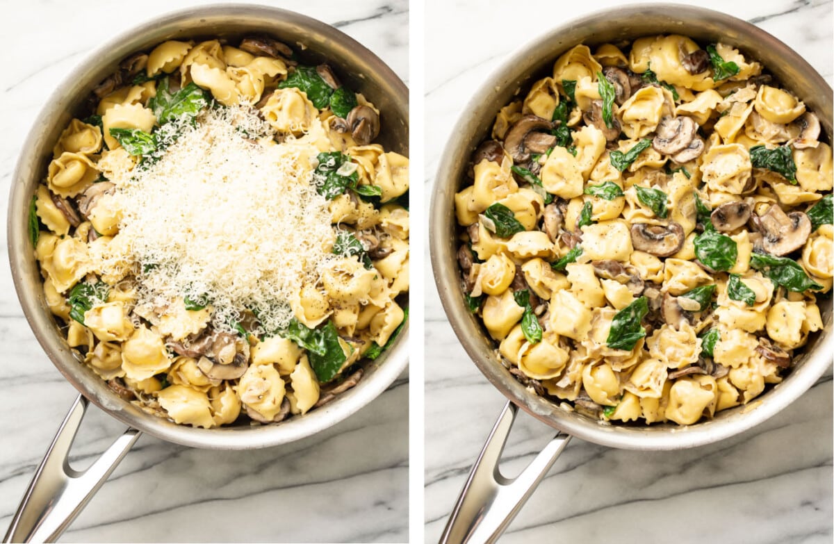 adding parmesan to creamy spinach and mushroom tortellini in a skillet