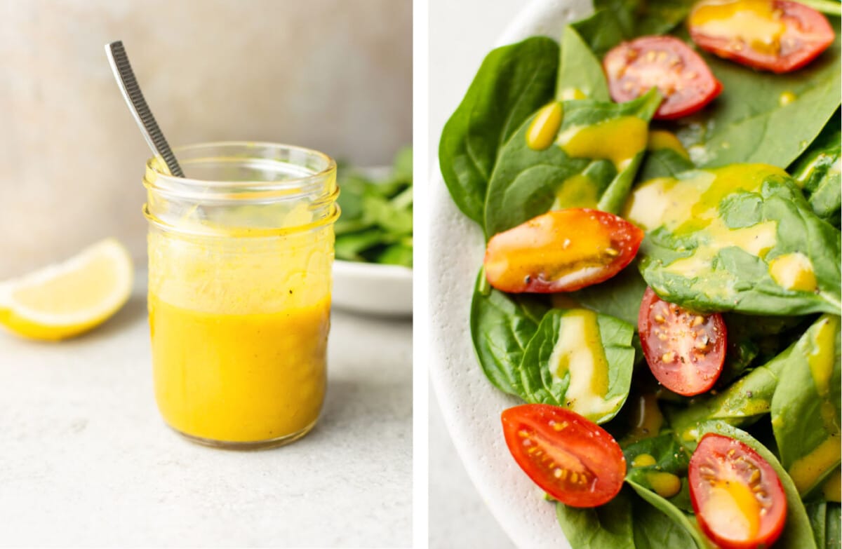 making honey mustard dressing in a mason jar and tossing with spinach salad