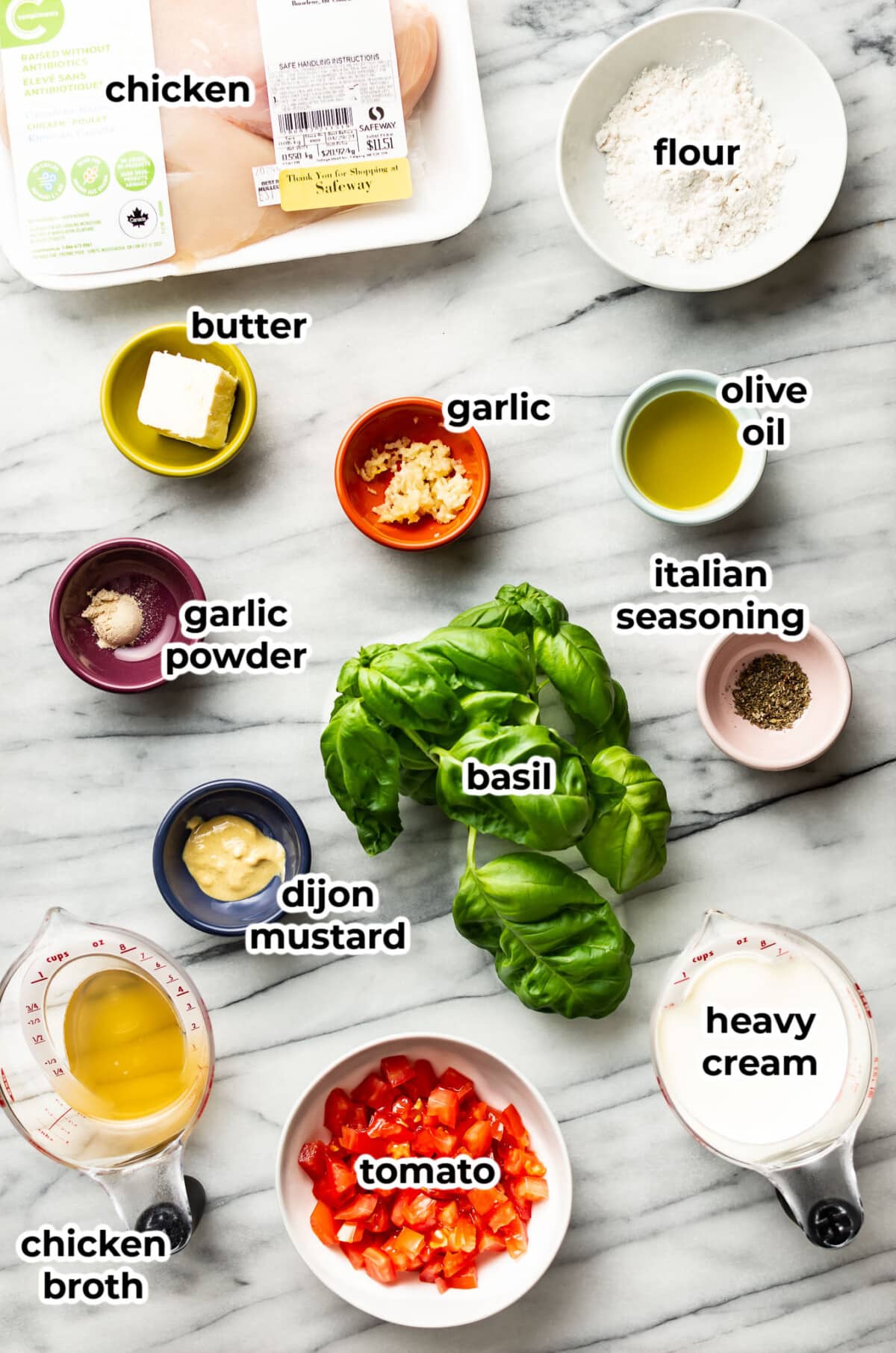 ingredients for creamy tomato basil chicken in prep bowls